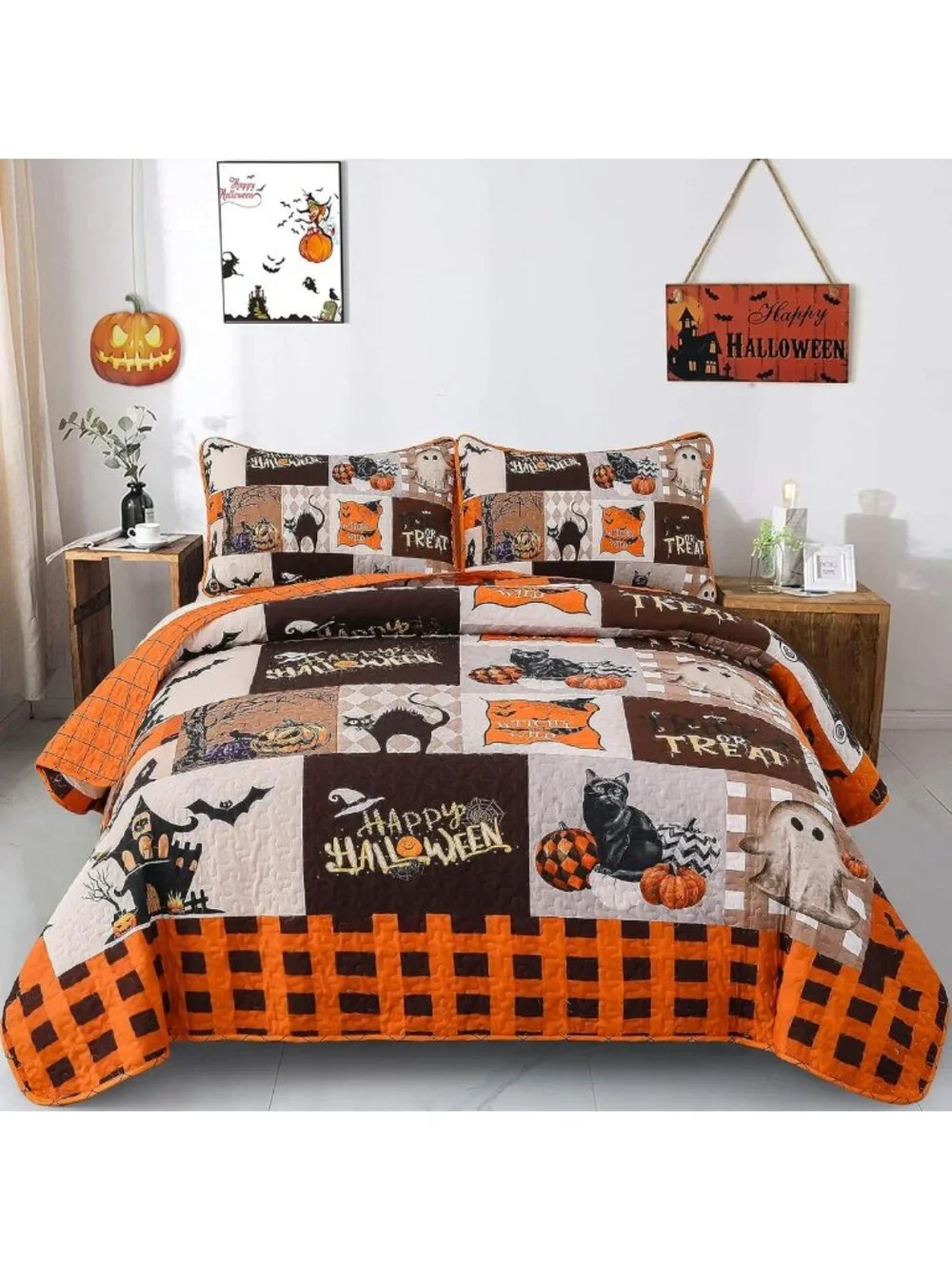 King Size Halloween Quilt Set - Fall Patchwork Bedspread 3-Piece Bedding Set
